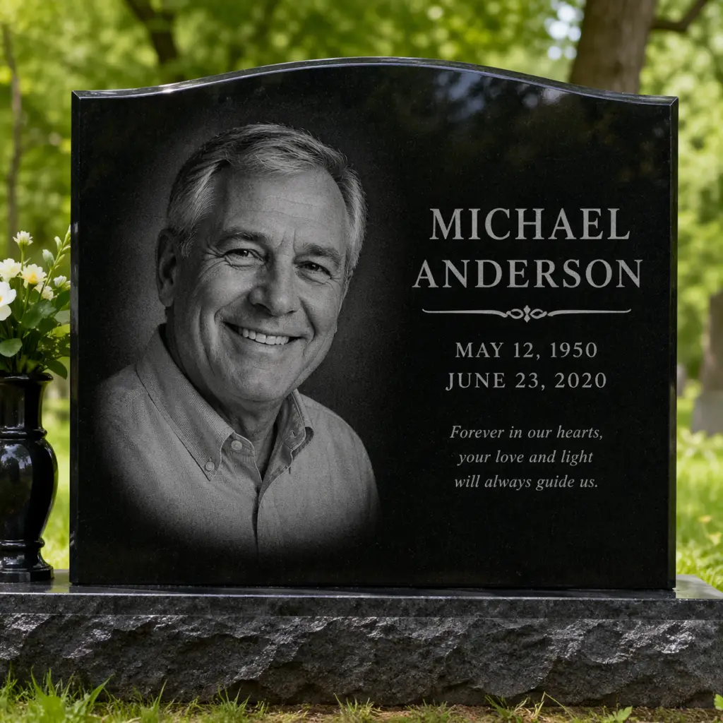 grave marker photomasking services in texas - black granite headstone memorial of a portrait of a man
